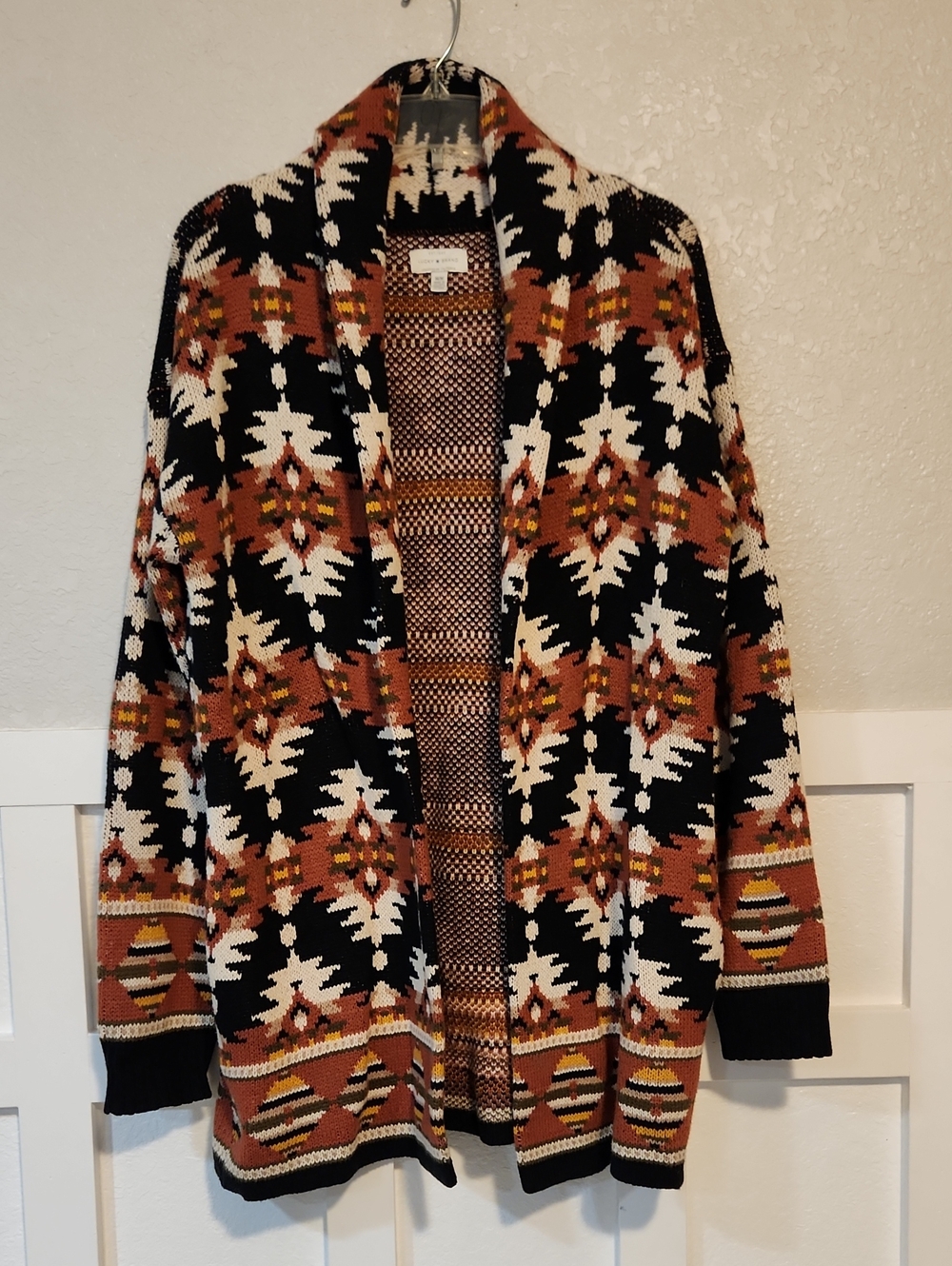 Lucky Brand Open-Front Aztec Cardigan - Black, Rust & Cream